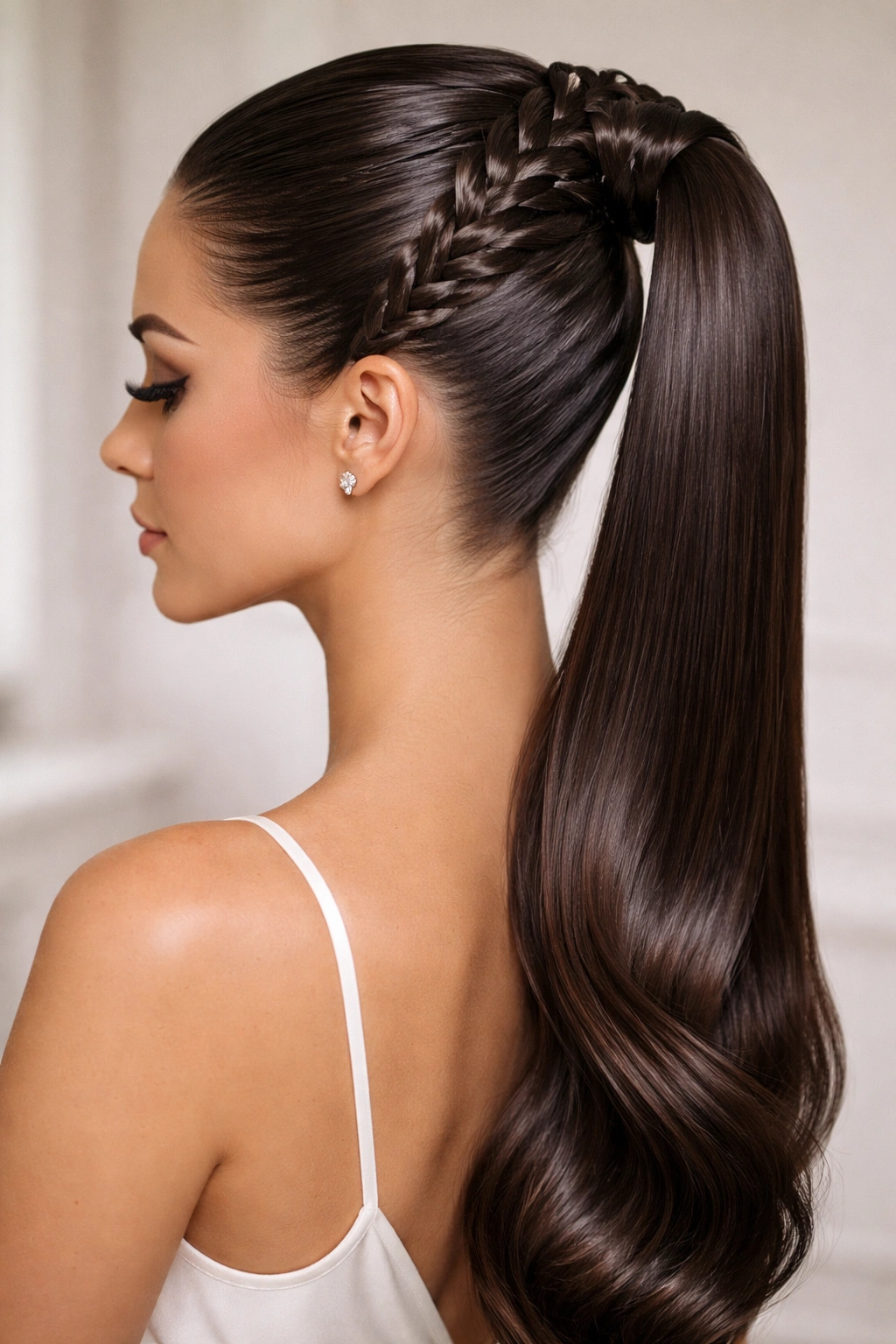 Close-up of slicked-back hairstyle with pristine butterfly braid ponytail