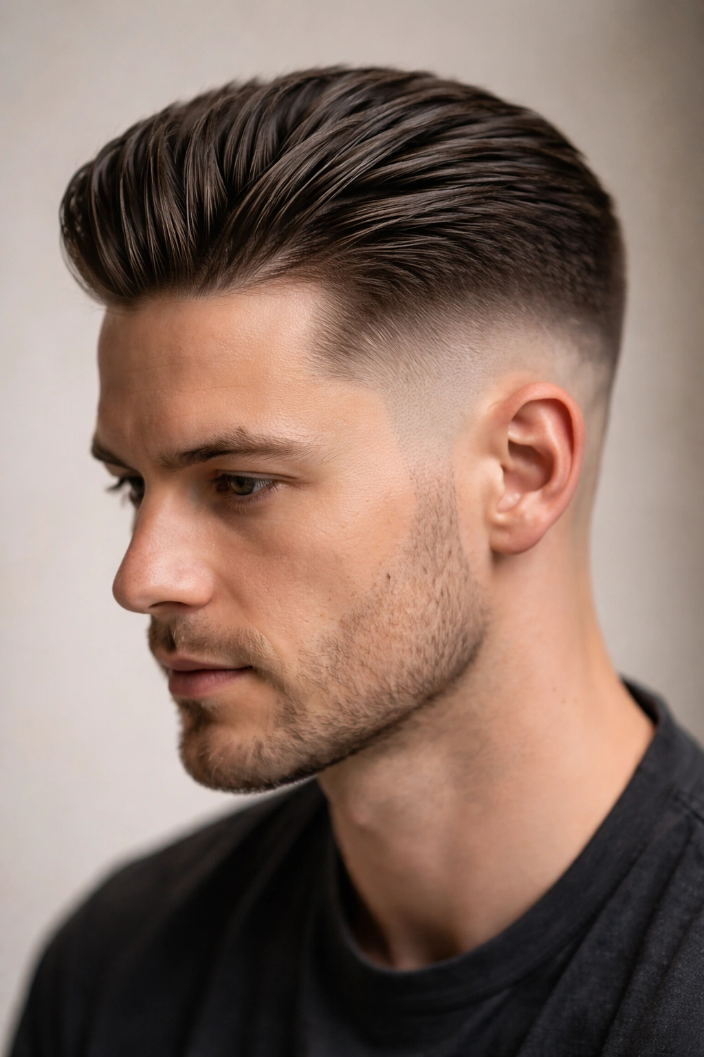 Close-up portrait of a person with a fade on the sides and a textured top swept back