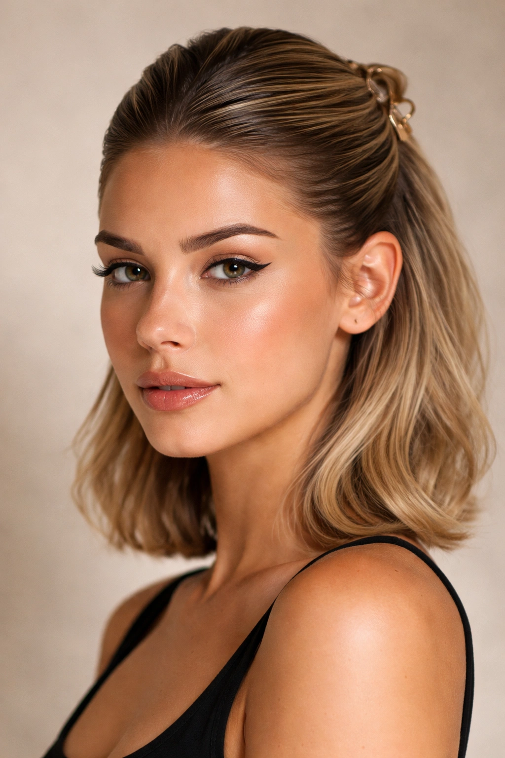Close-up of a person with slicked-back short hair secured by a claw clip