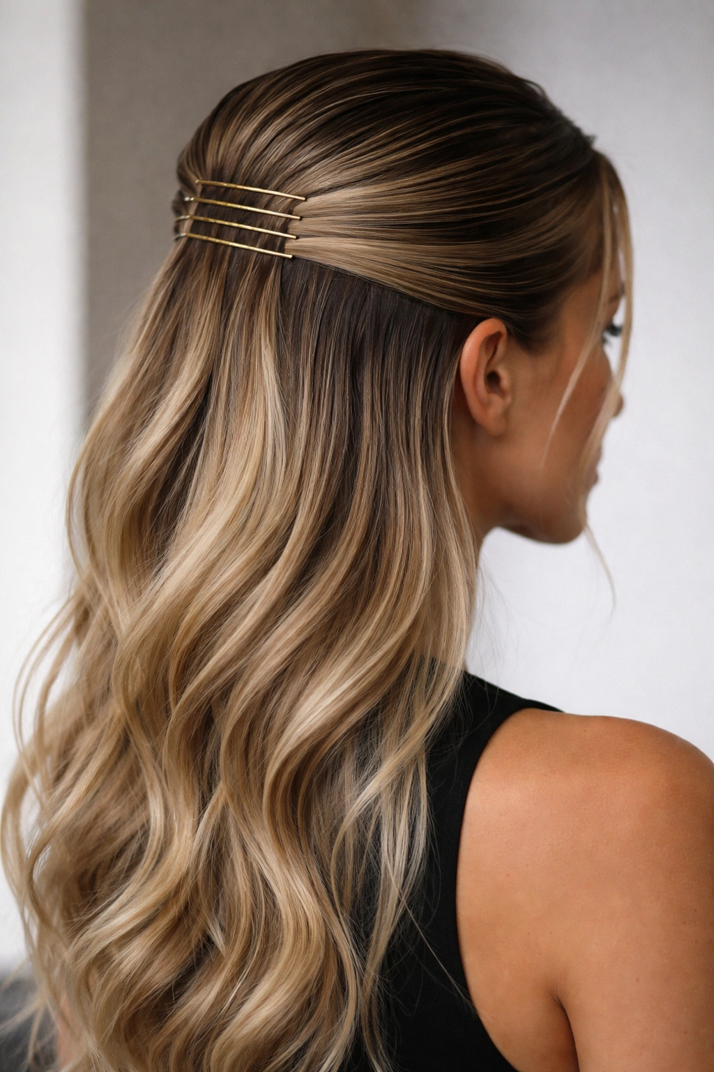 Close-up of slicked-back half-up hairstyle with shiny gel and visible top-pin pattern