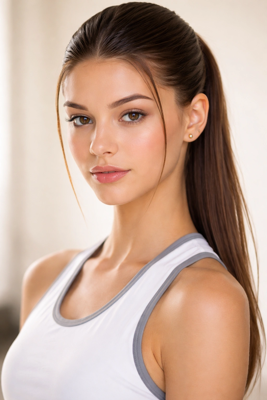 Slicked-back hair with face-framing layers in a studio portrait