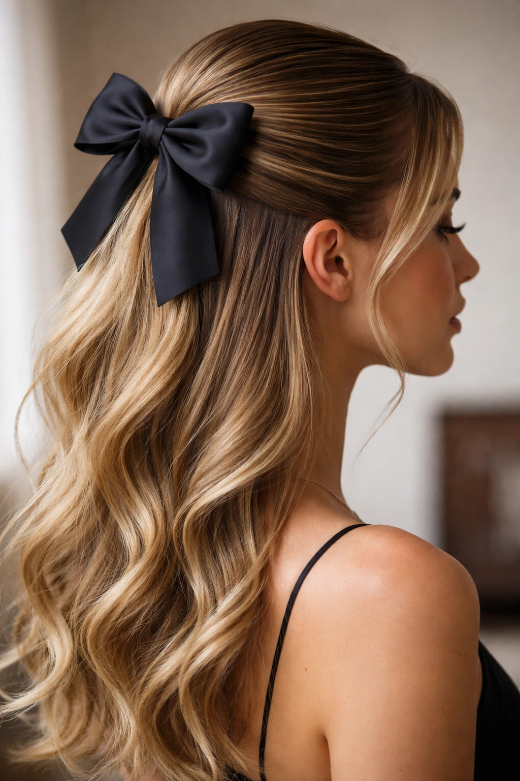 Side profile of slicked-back half-up bow hairstyle