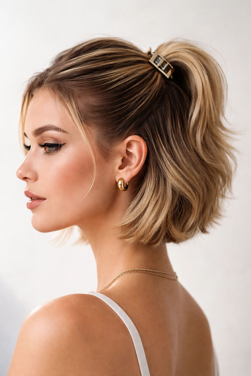 Slicked-back half-up with a small decorative clip on short hair
