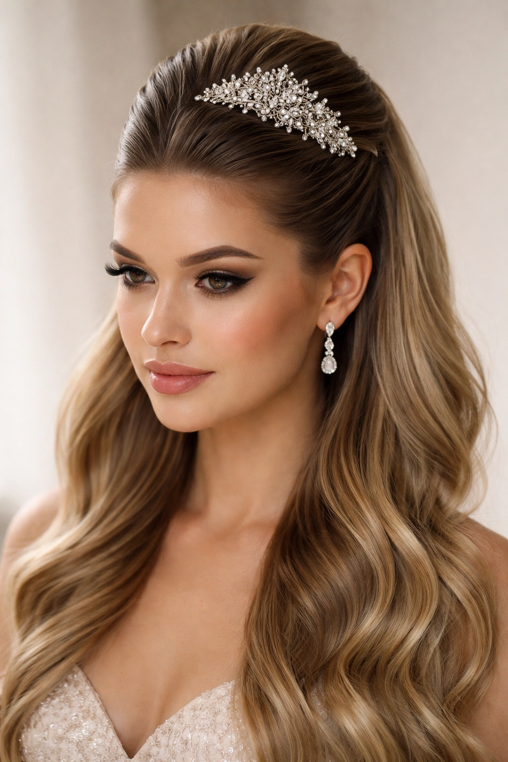 Close-up of a slicked-back half-up hairstyle with an ornate comb