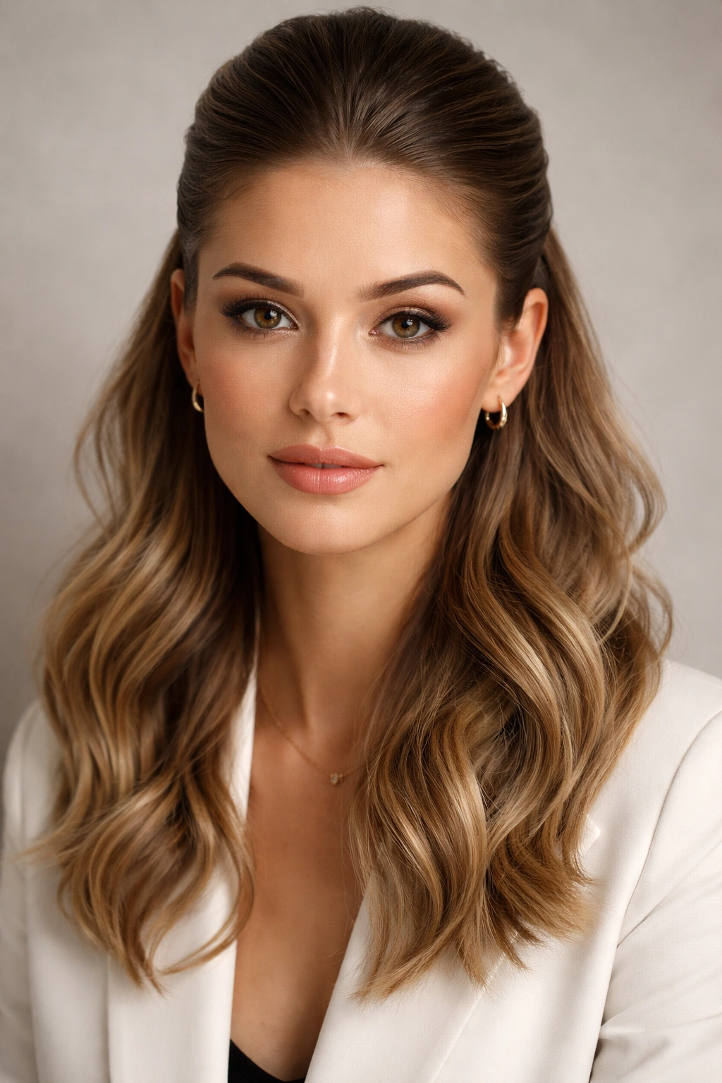 Close-up of slicked-back half-up hairstyle with glossy top and textured waves below