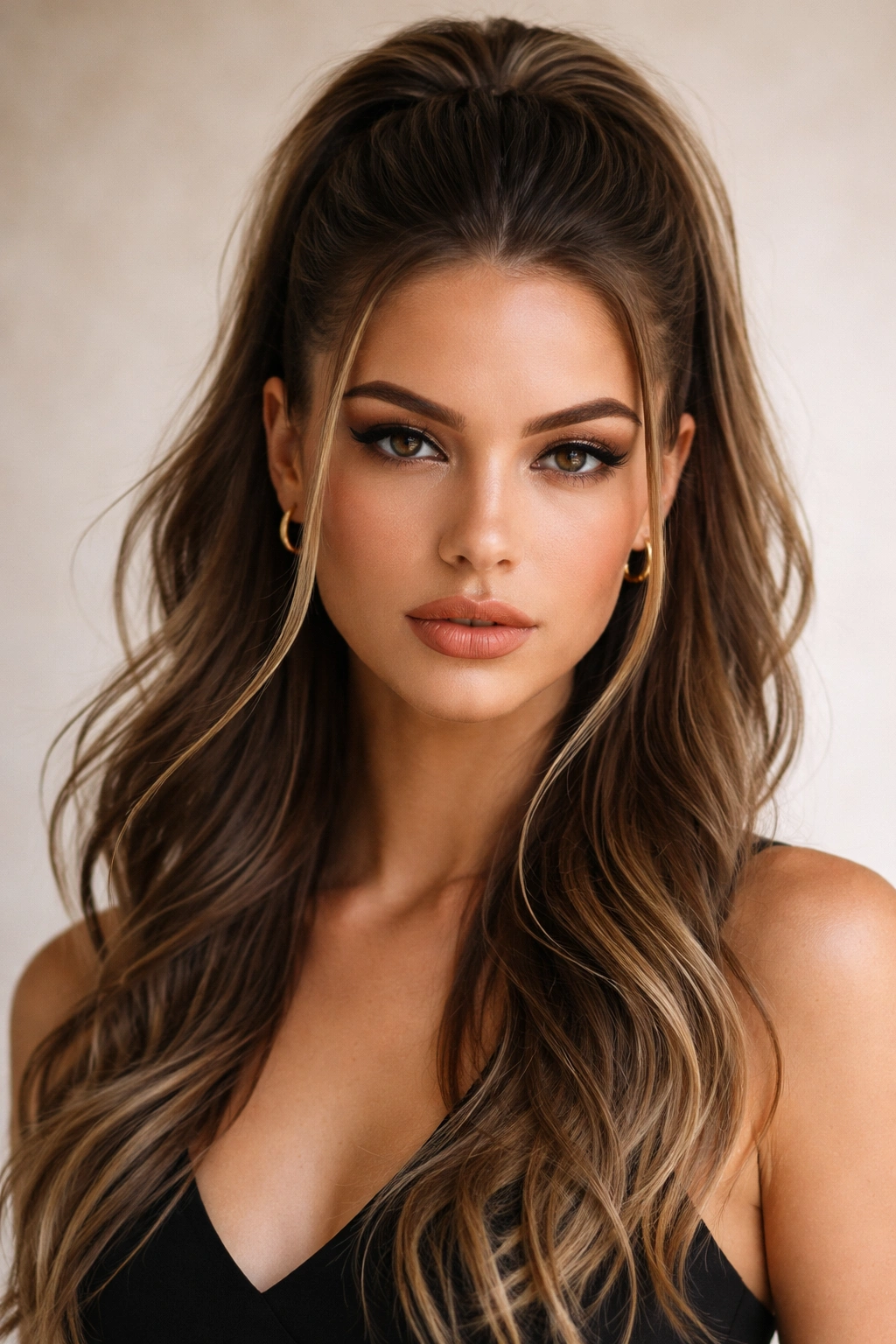 Front view showing a sleek top half with face-framing hair and flowing waves below