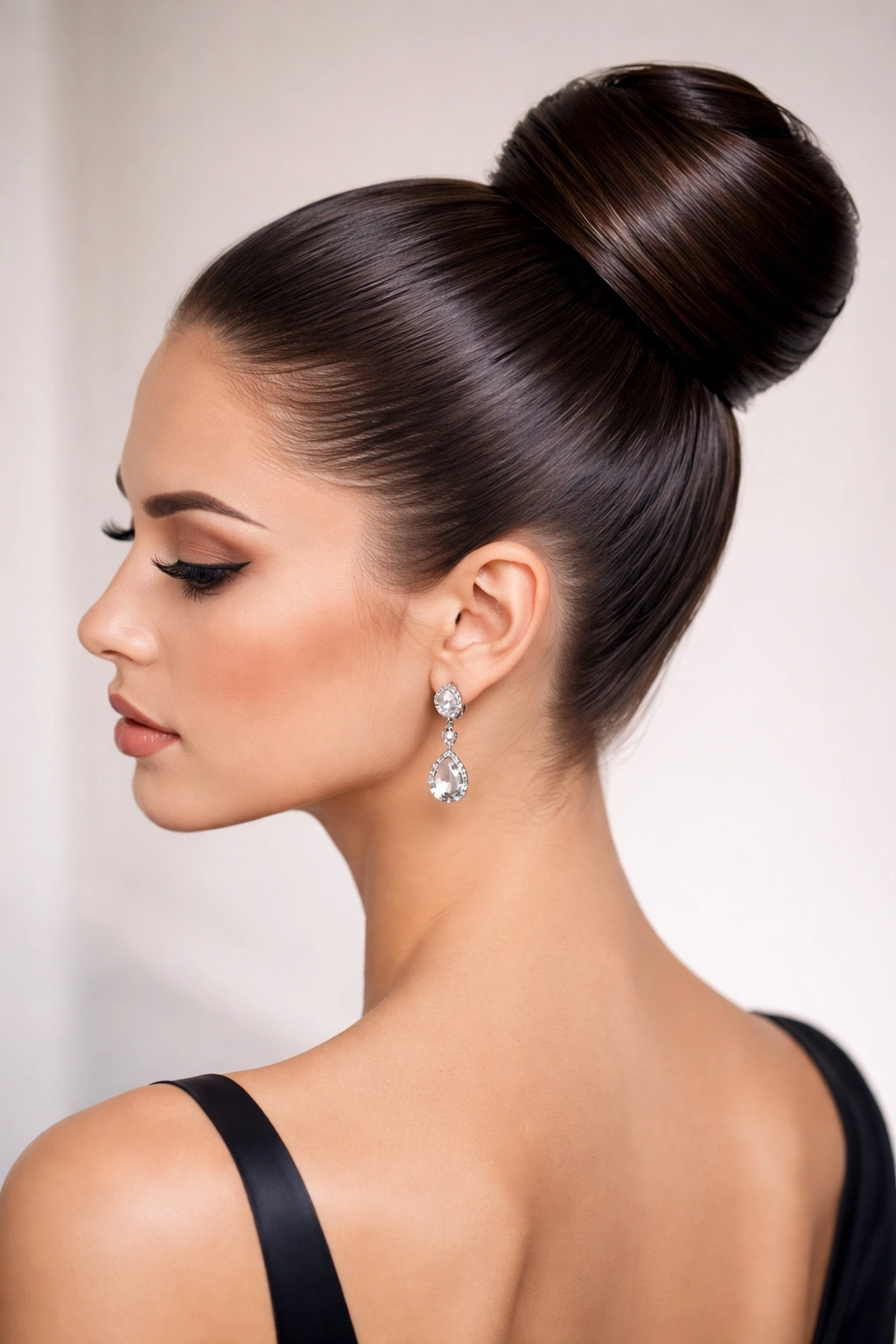 Slicked-back high bun with glossy finish, studio shot