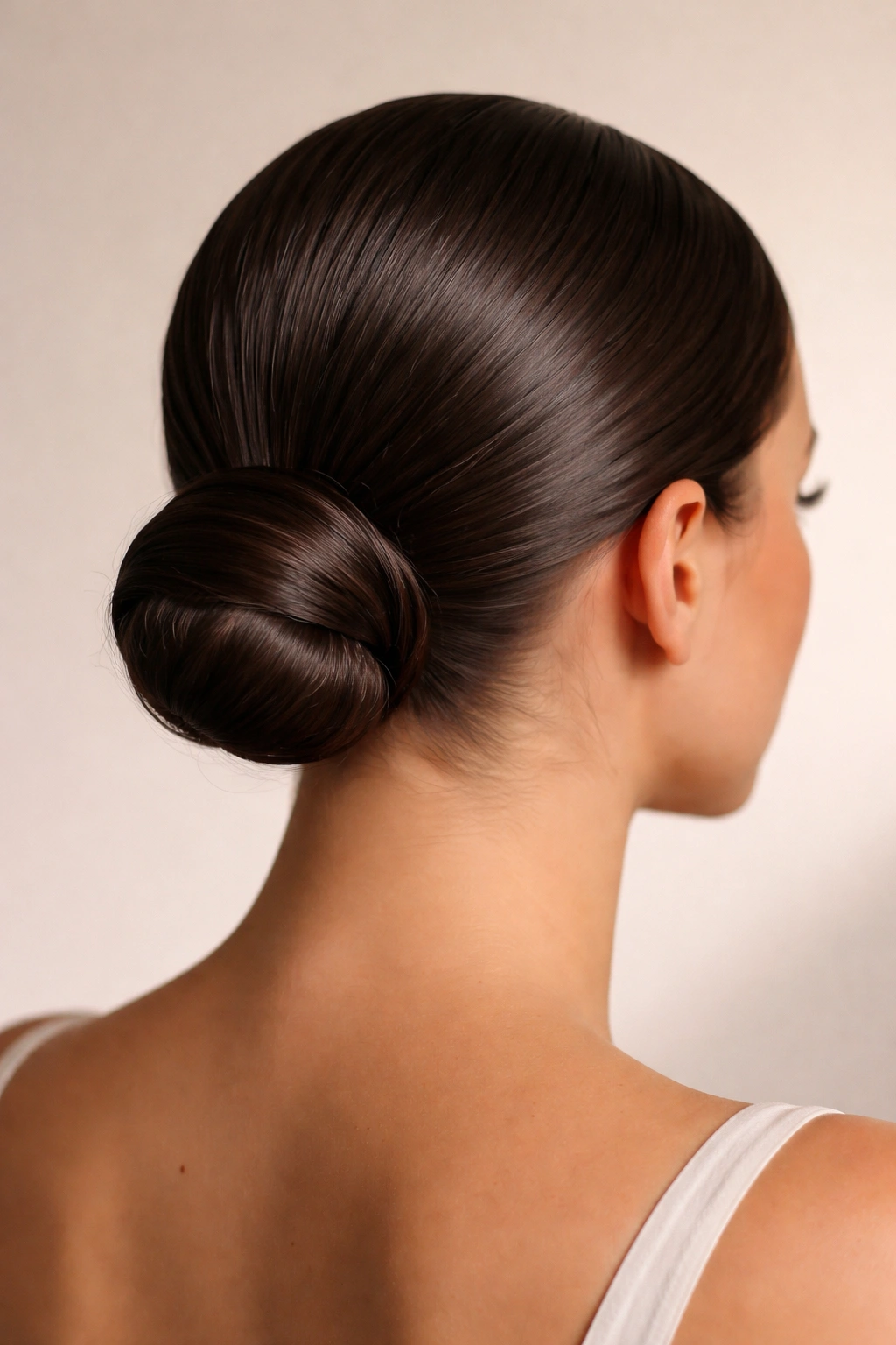Back view of a slicked-back low bun with glossy straight hair