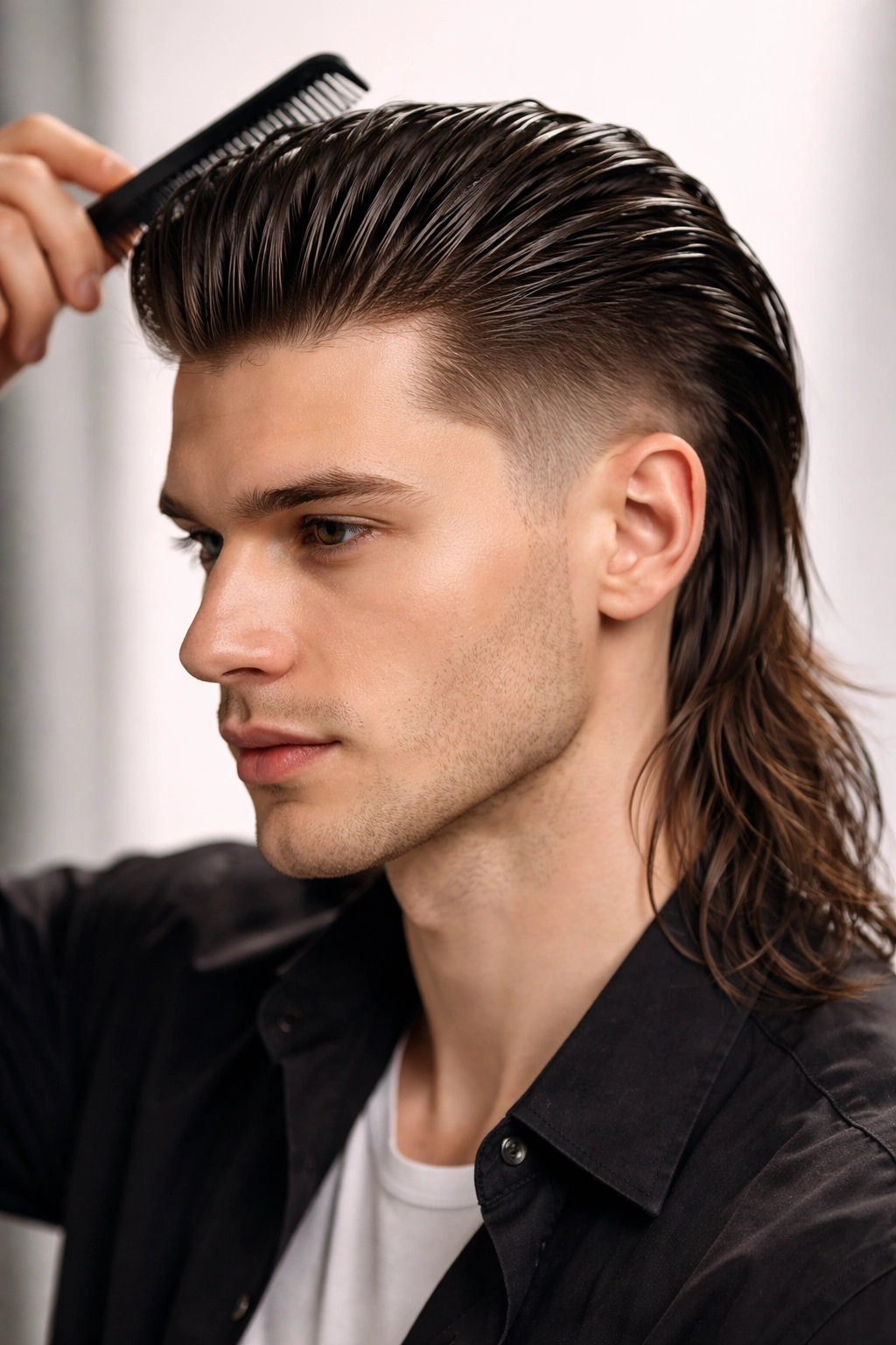 Slicked-back mullet with glossy finish and long back on straight hair