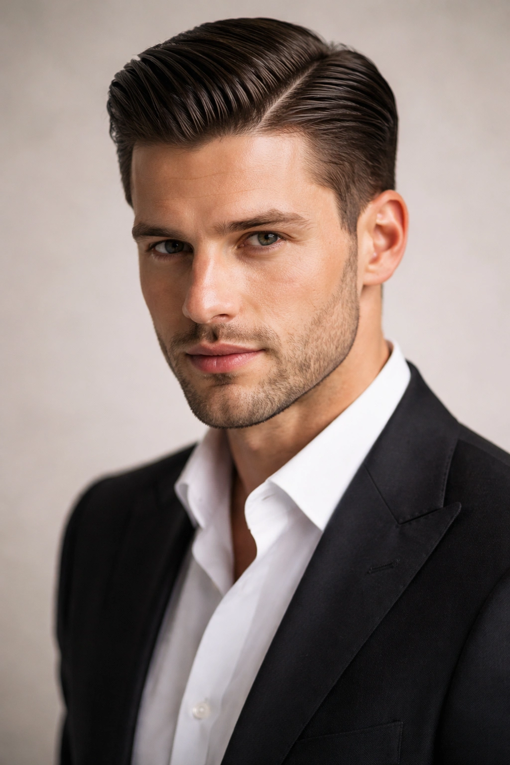 Hair slicked back with a crisp part line on straight hair