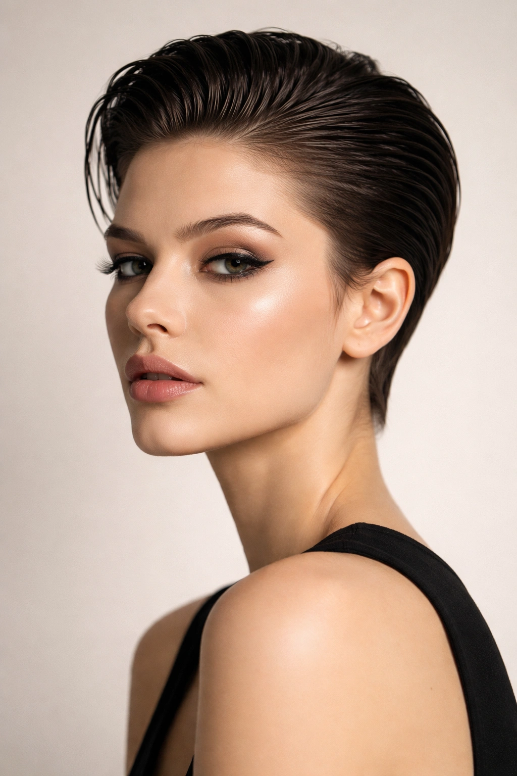 Slicked-back pixie with glossy finish showing clean lines