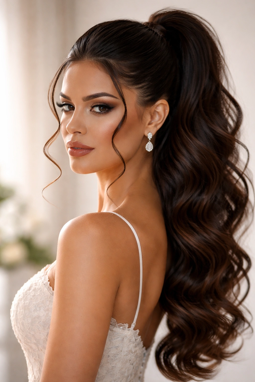 Slicked-back high pony with face-framing curls