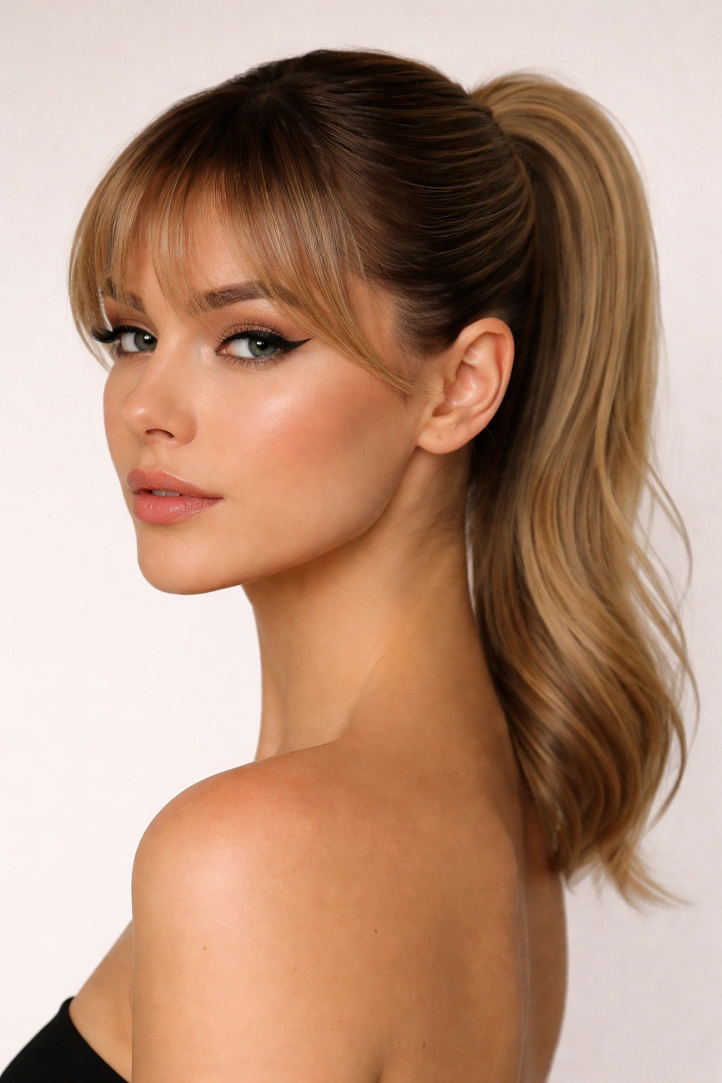 Portrait of a person with a slicked-back pony and curved bangs