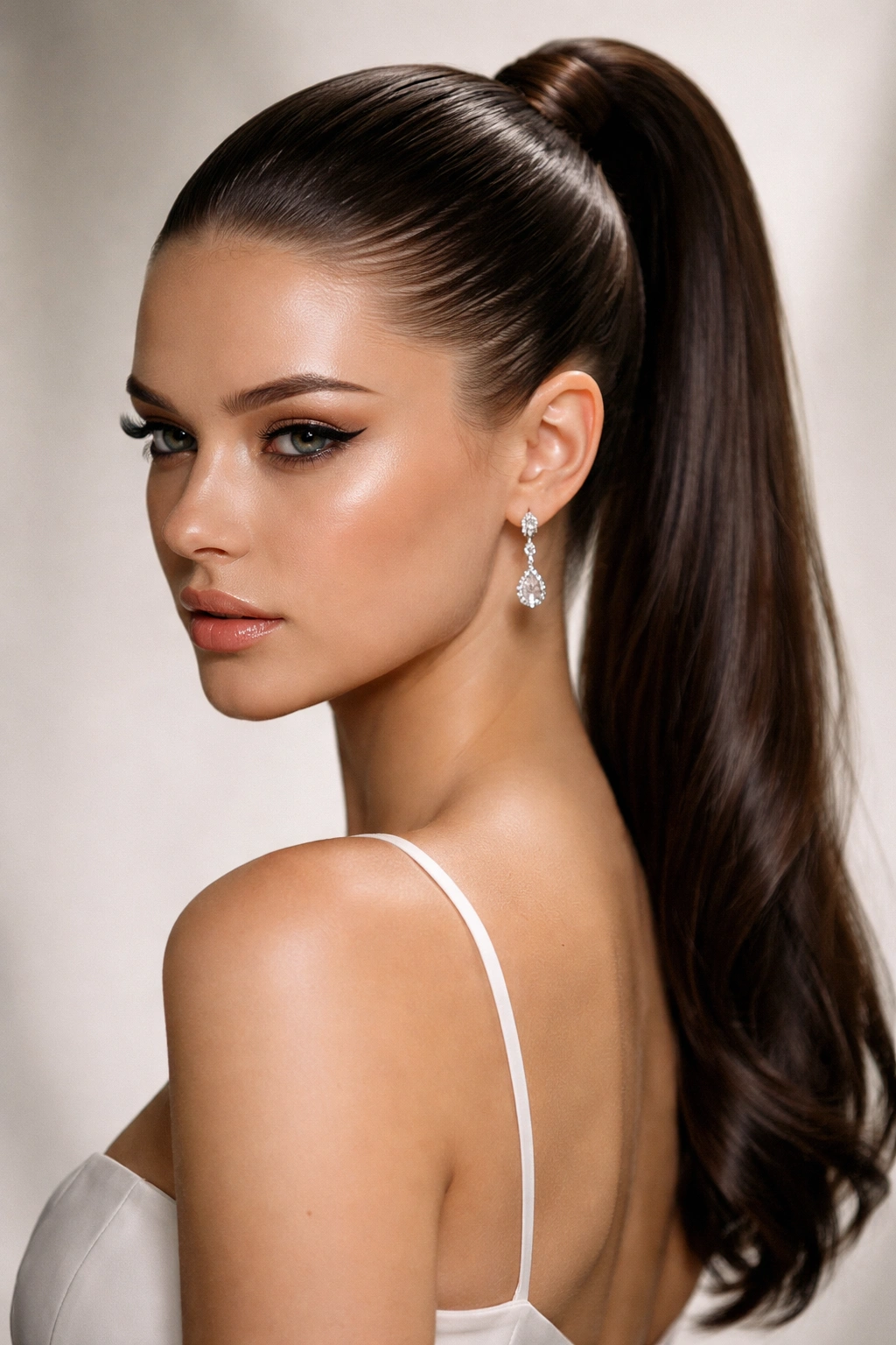 Slicked-back gel ponytail with high crown and architectural shine