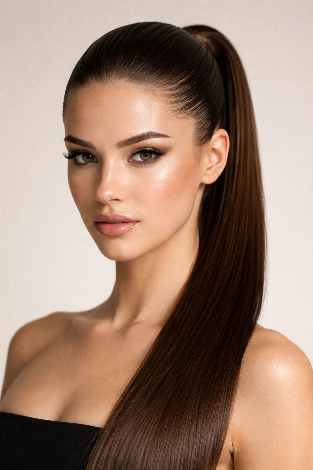 Front view of a slicked-back sleek ponytail with hair pulled taut