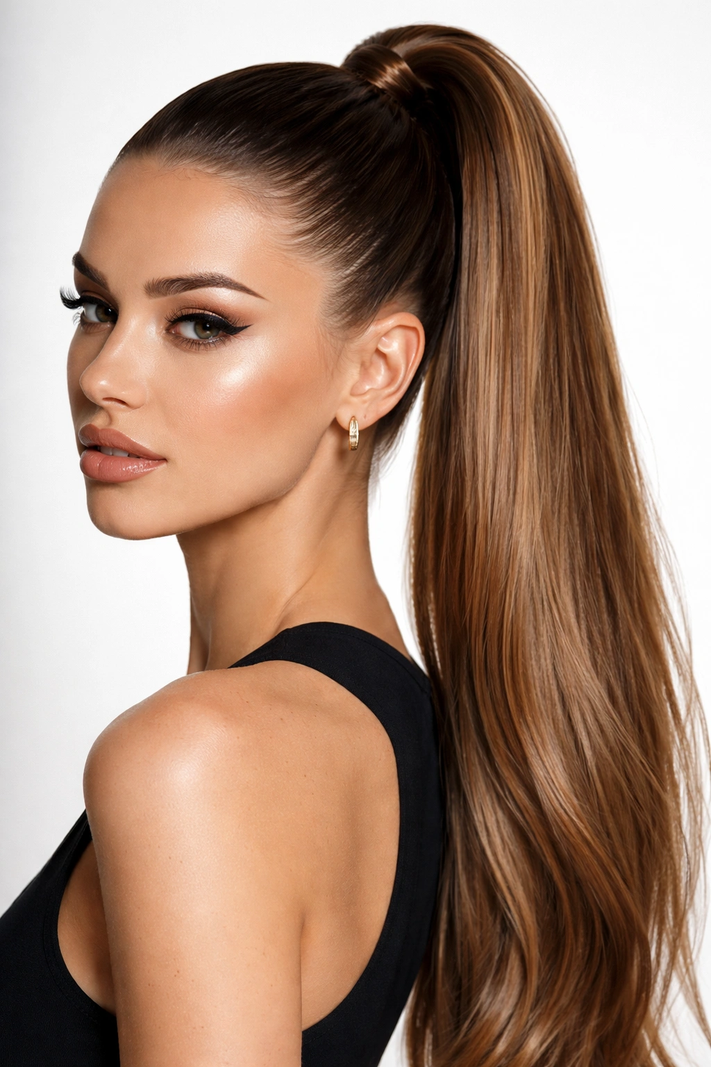 Sleek slicked-back ponytail with exposed scalp and glossy finish.