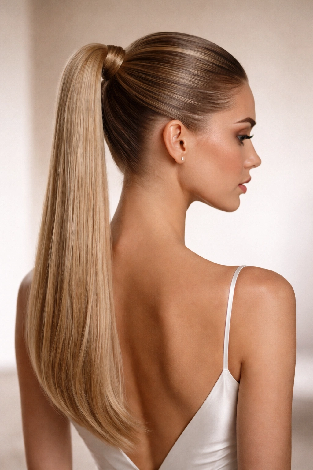 Slicked-back high ponytail with glossy finish