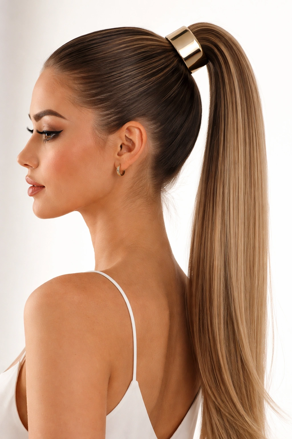 Slicked-back high ponytail with metallic cuff detail