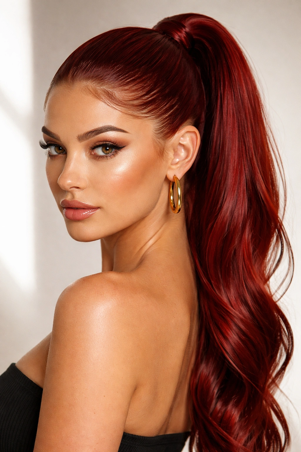 Front view of a model with a slicked-back ponytail and defined hairline in red hair