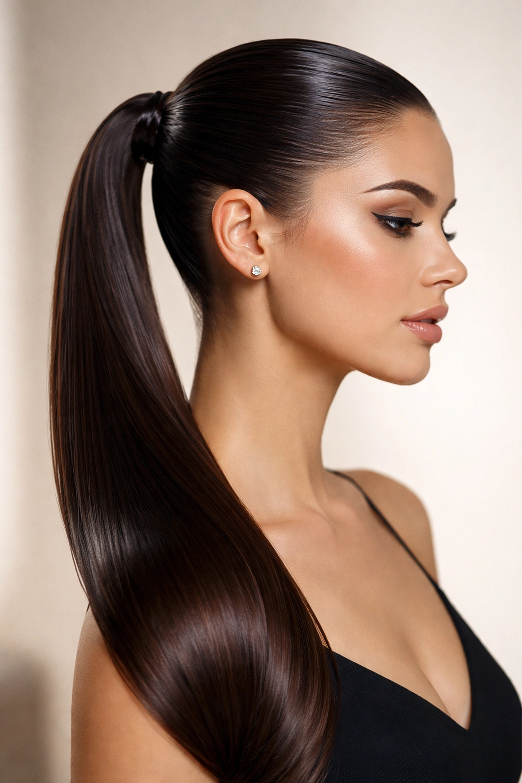 Close-up portrait of a glossy slicked-back side ponytail with high shine.
