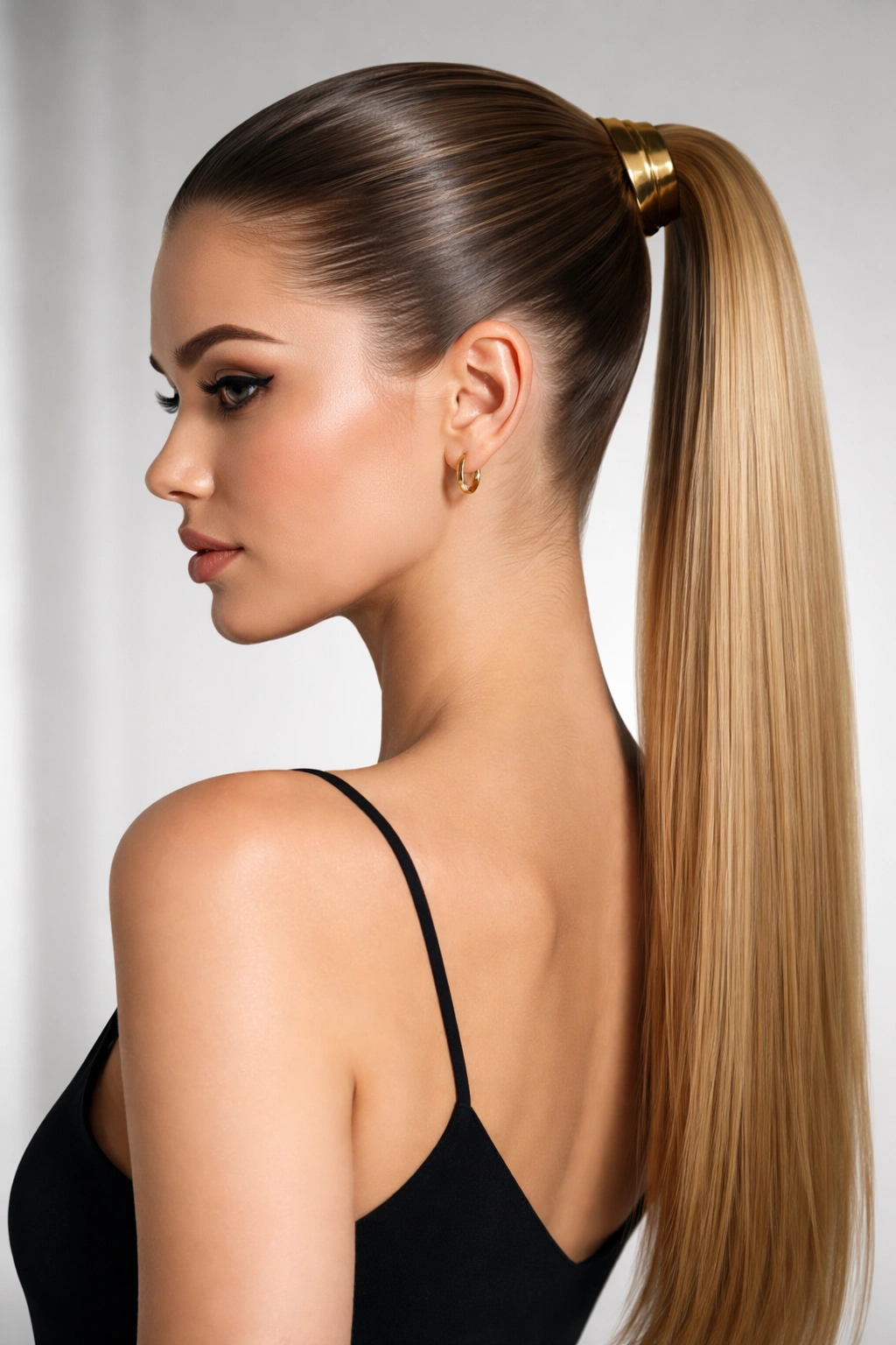 Slicked-back ponytail with polished, gelled hair and no flyaways.