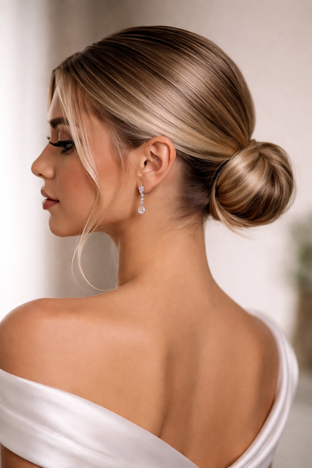 Slicked-back low ponytail with a loose coil at the nape
