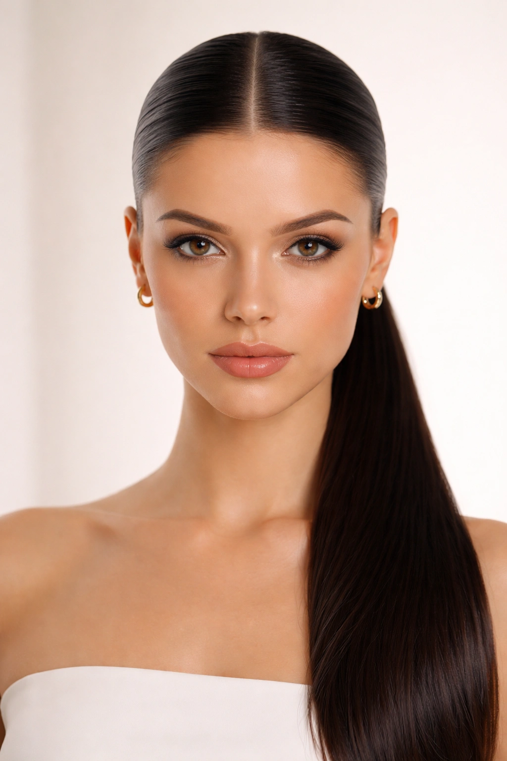 Front view of a slicked-back middle-part ponytail with a straight part and glossy shine