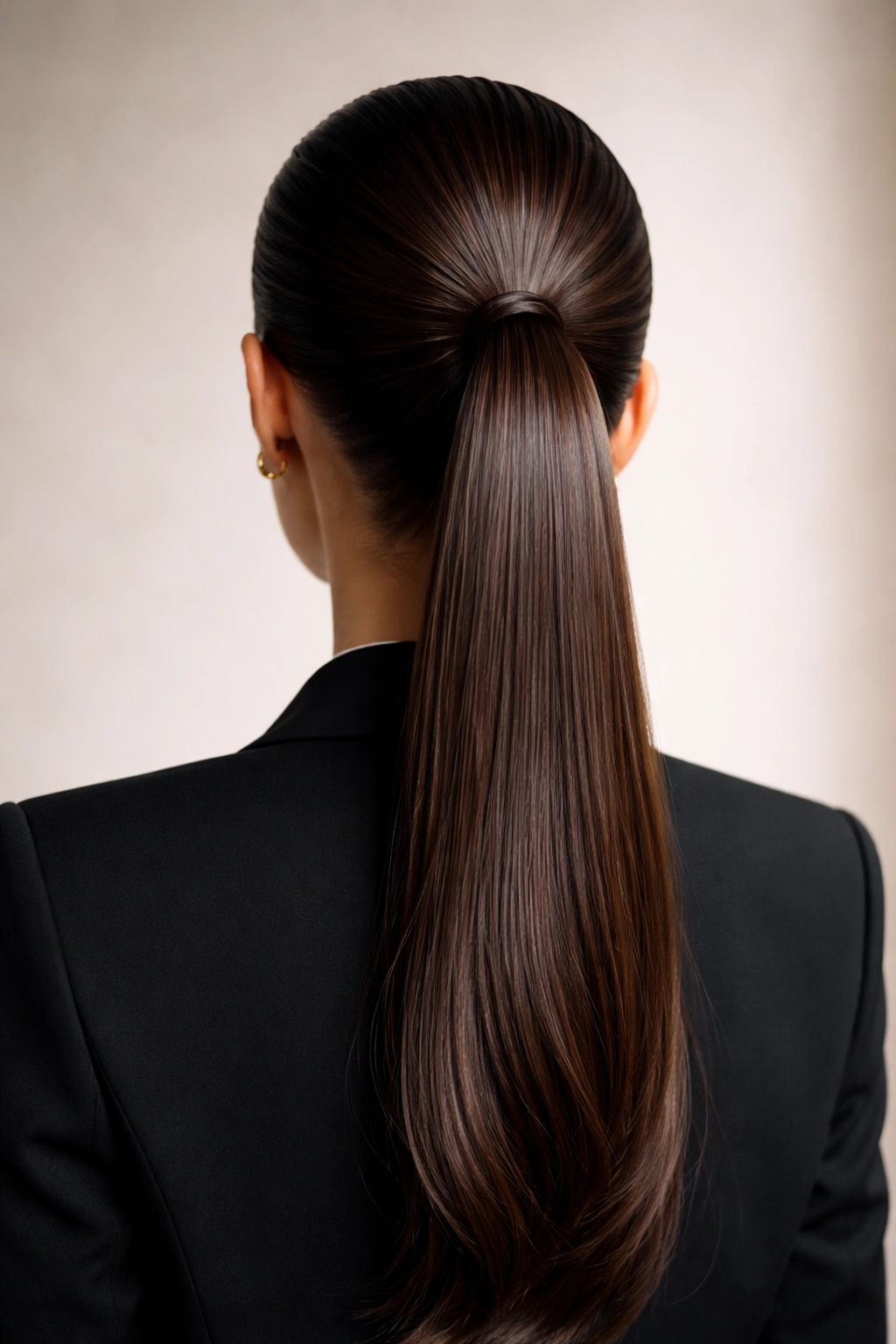 Back view of a completely slicked-back ponytail with a glossy, controlled finish.