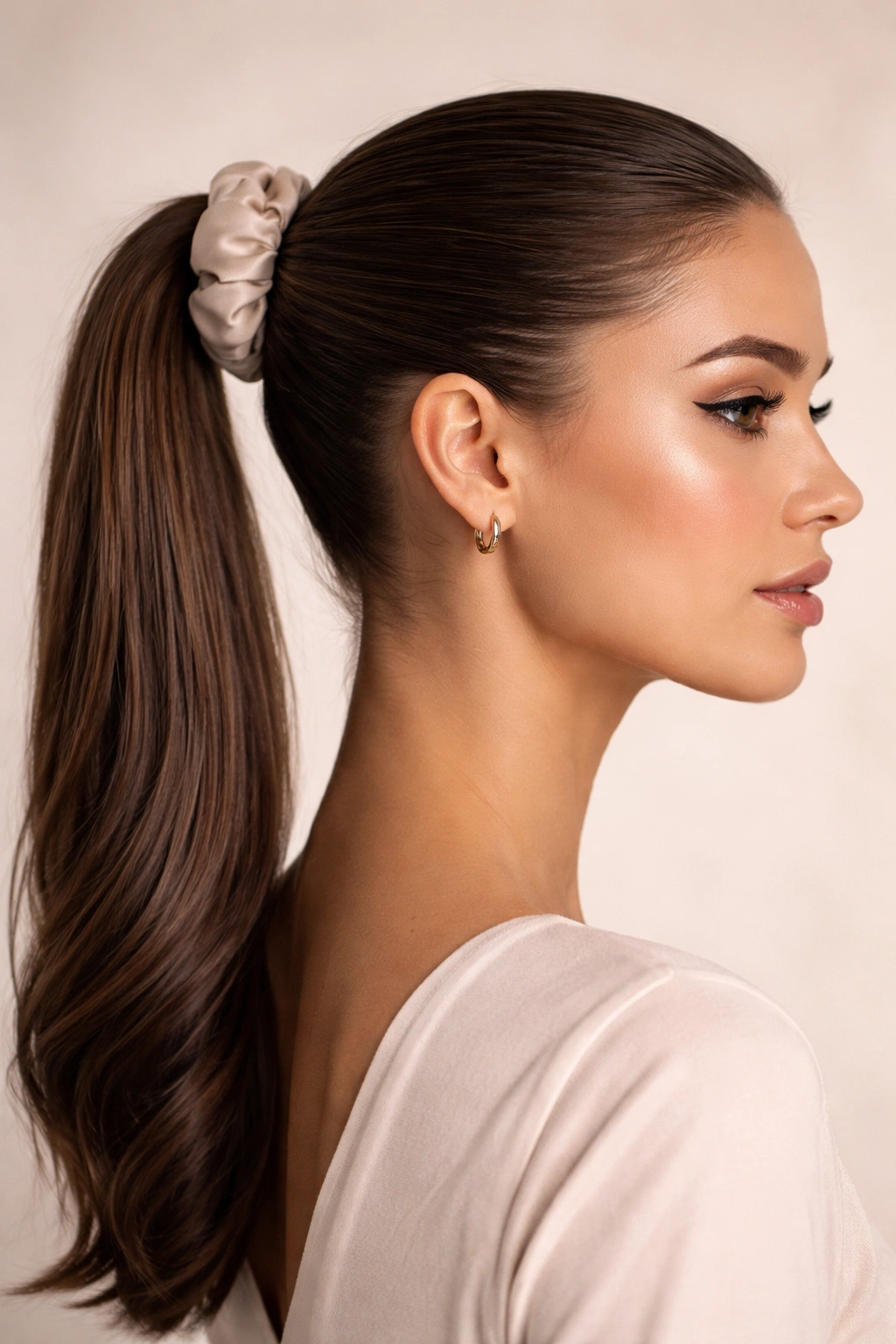 Slicked-back ponytail with scrunchie showing glossy finish