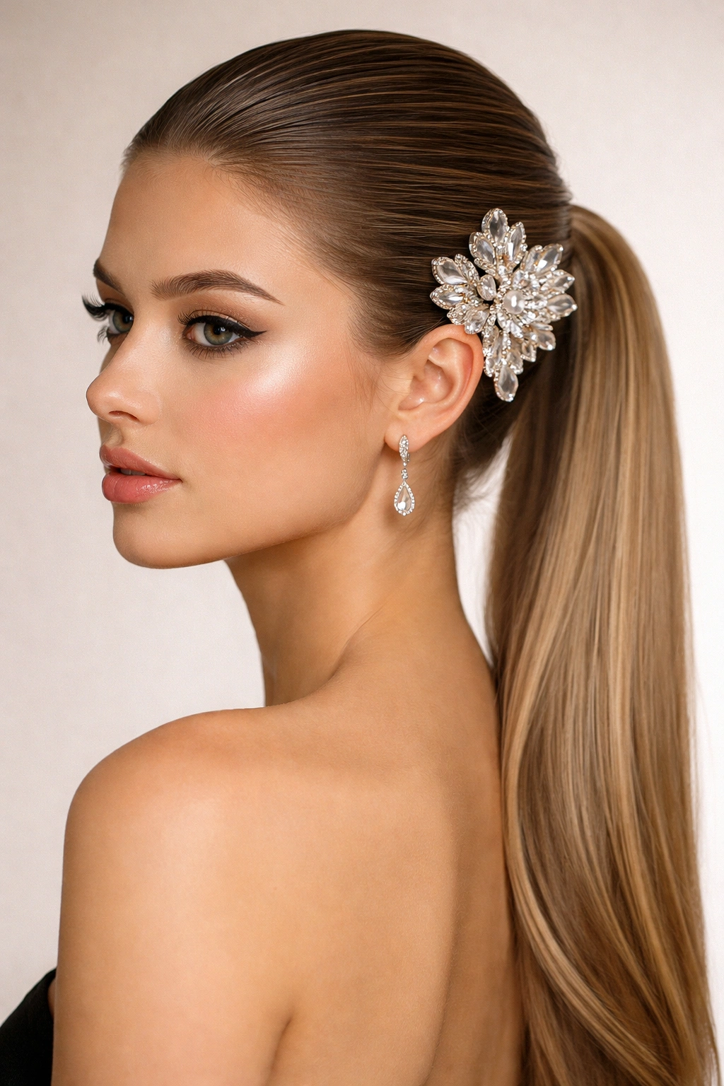 Slicked-back hairstyle with a large jeweled clip at the side