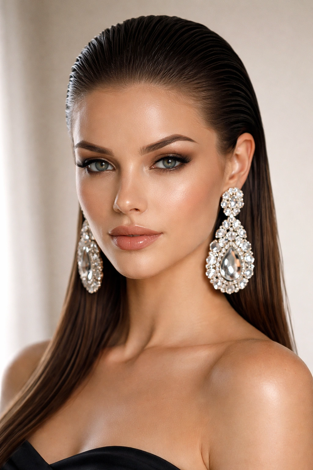 Slicked-back hair with high shine and bold statement earrings.