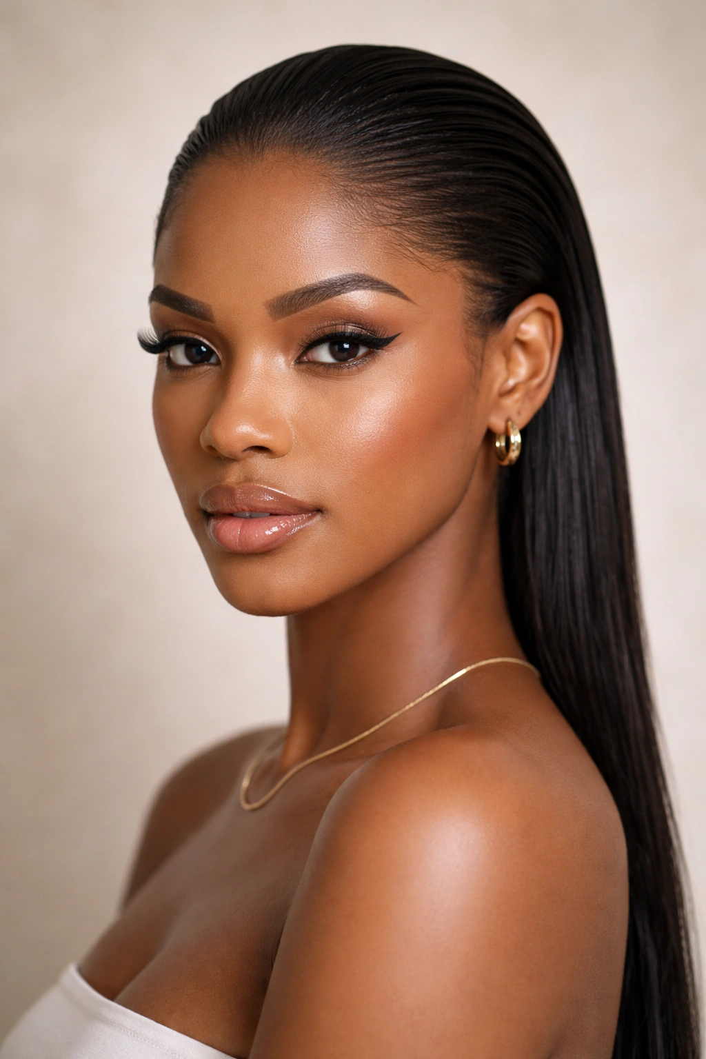 Slicked-back straight hair revealing bone structure