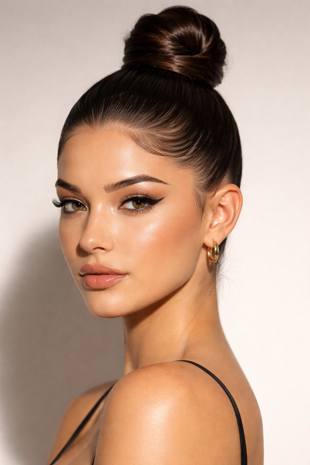 Slicked-back topknot with crisp edges on straight hair