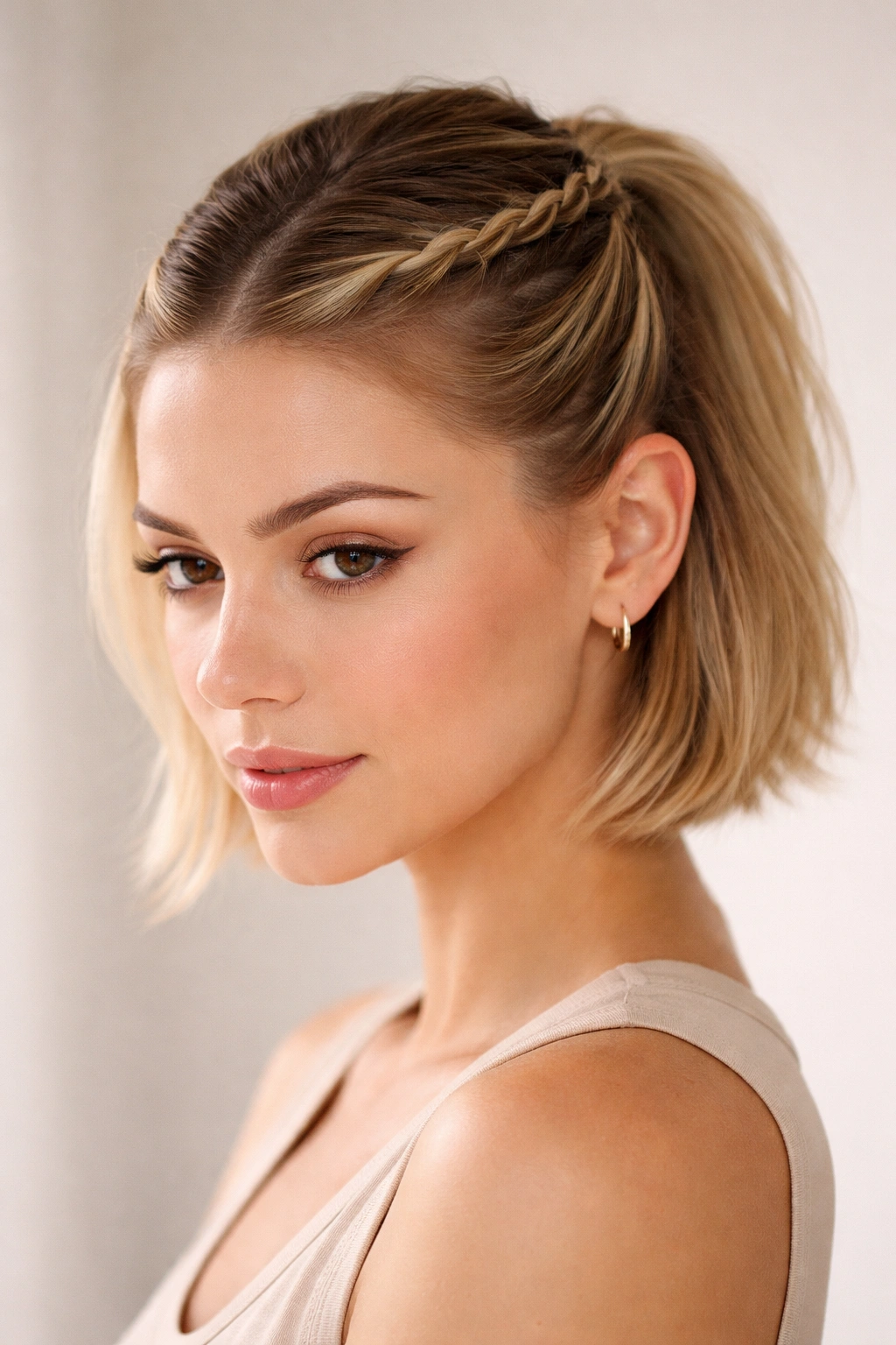 Close-up of two tight twists along the scalp forming a sleek half-up hairstyle on short hair