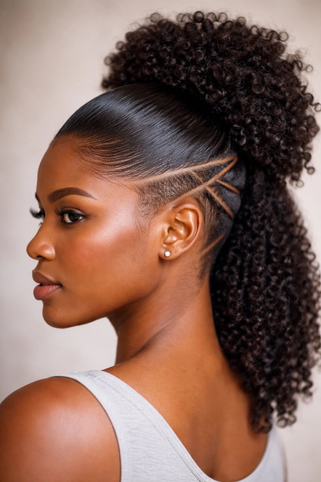 Slicked back half-up with undercut showing a glossy top and shaved sides