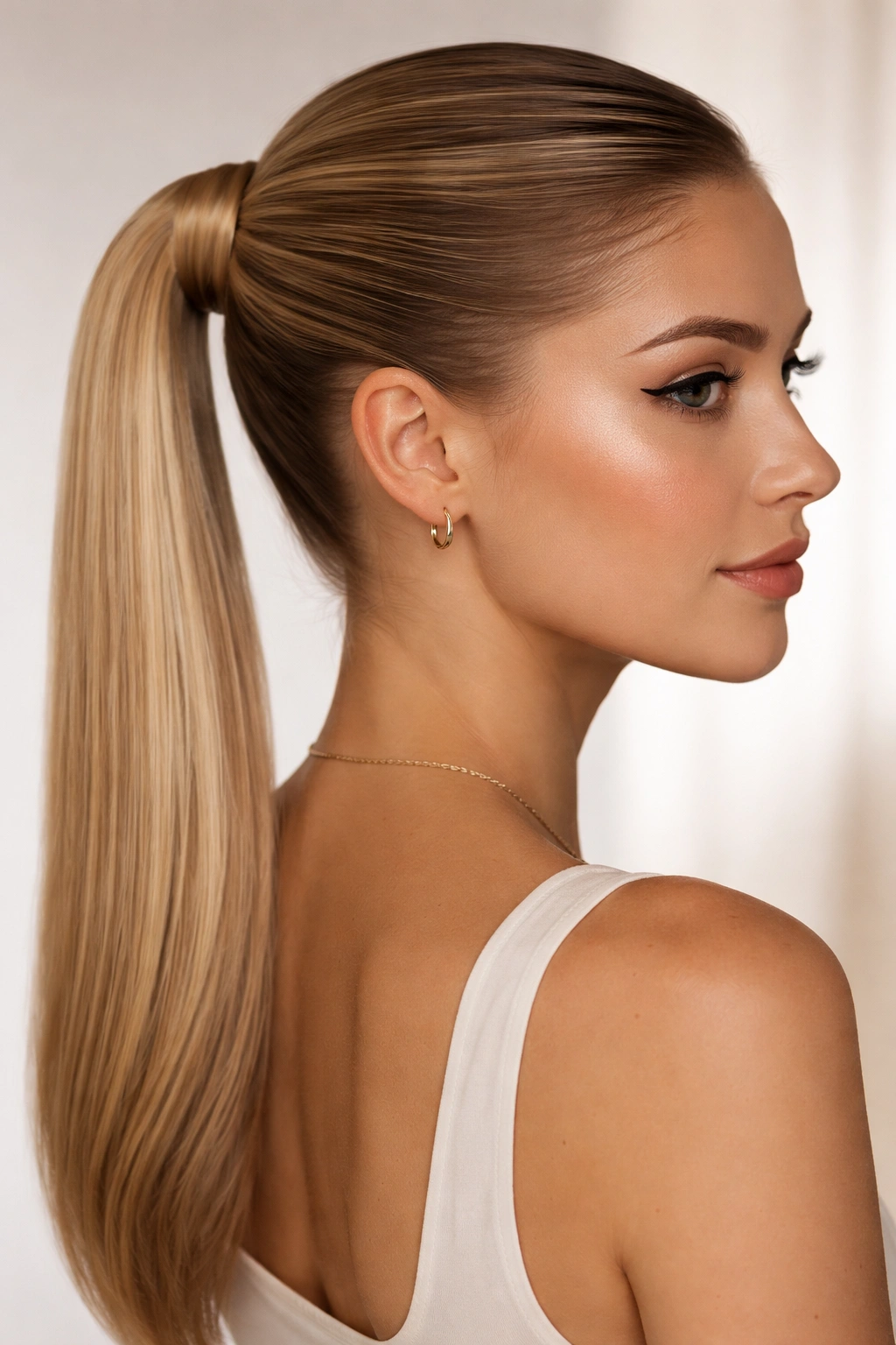 Slicked-back wrap style with tight, polished ponytail