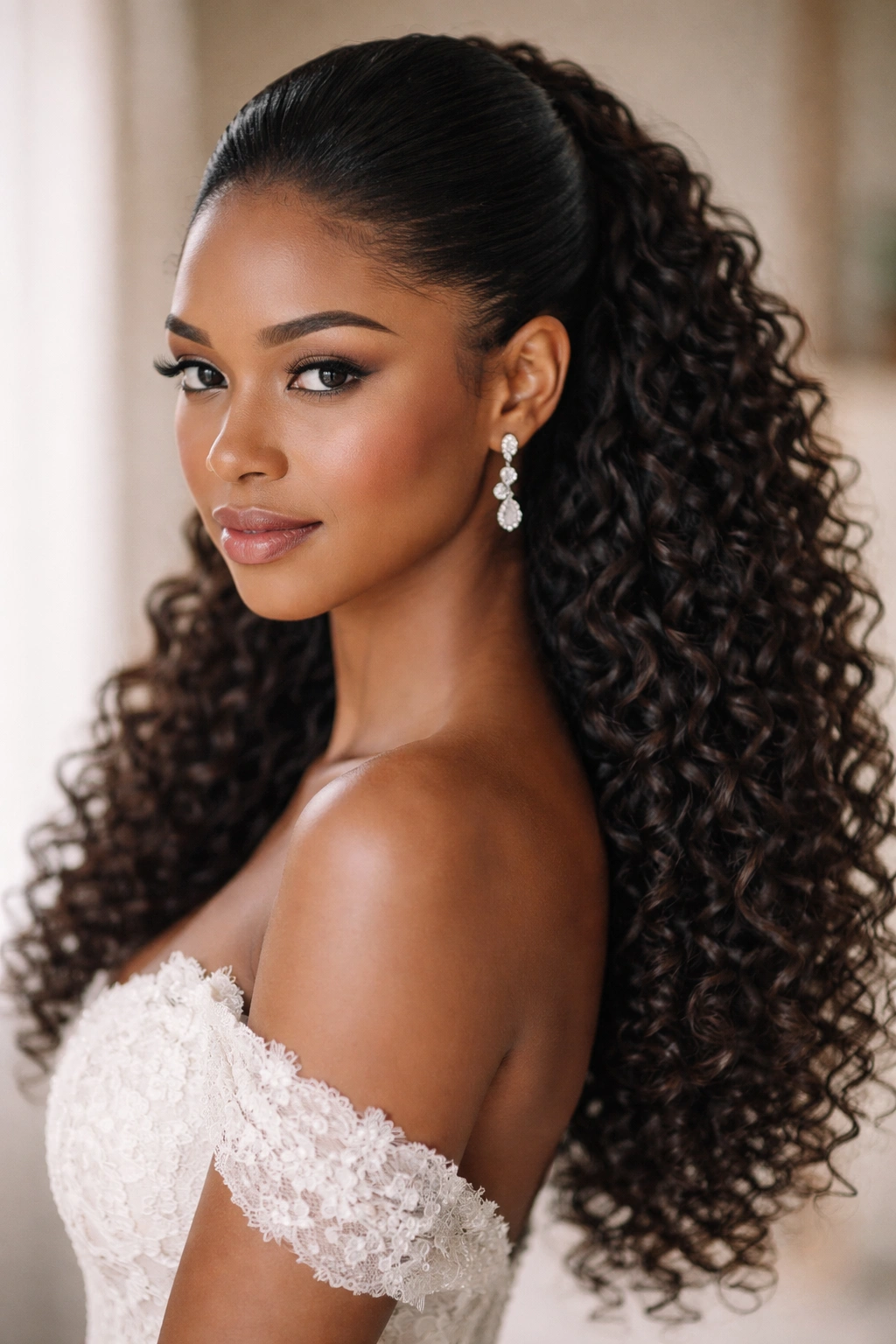 Close-up of slicked crown with voluminous natural curls