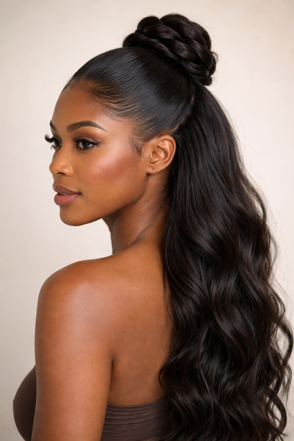 Close-up of a slicked crown with a twisted bun hairstyle