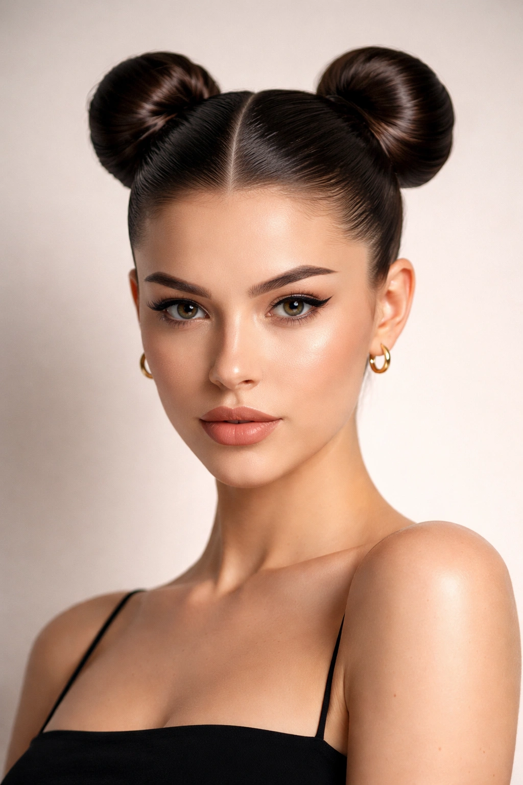 Close-up of slicked-down space buns on straight hair with perfect symmetry and glossy gel