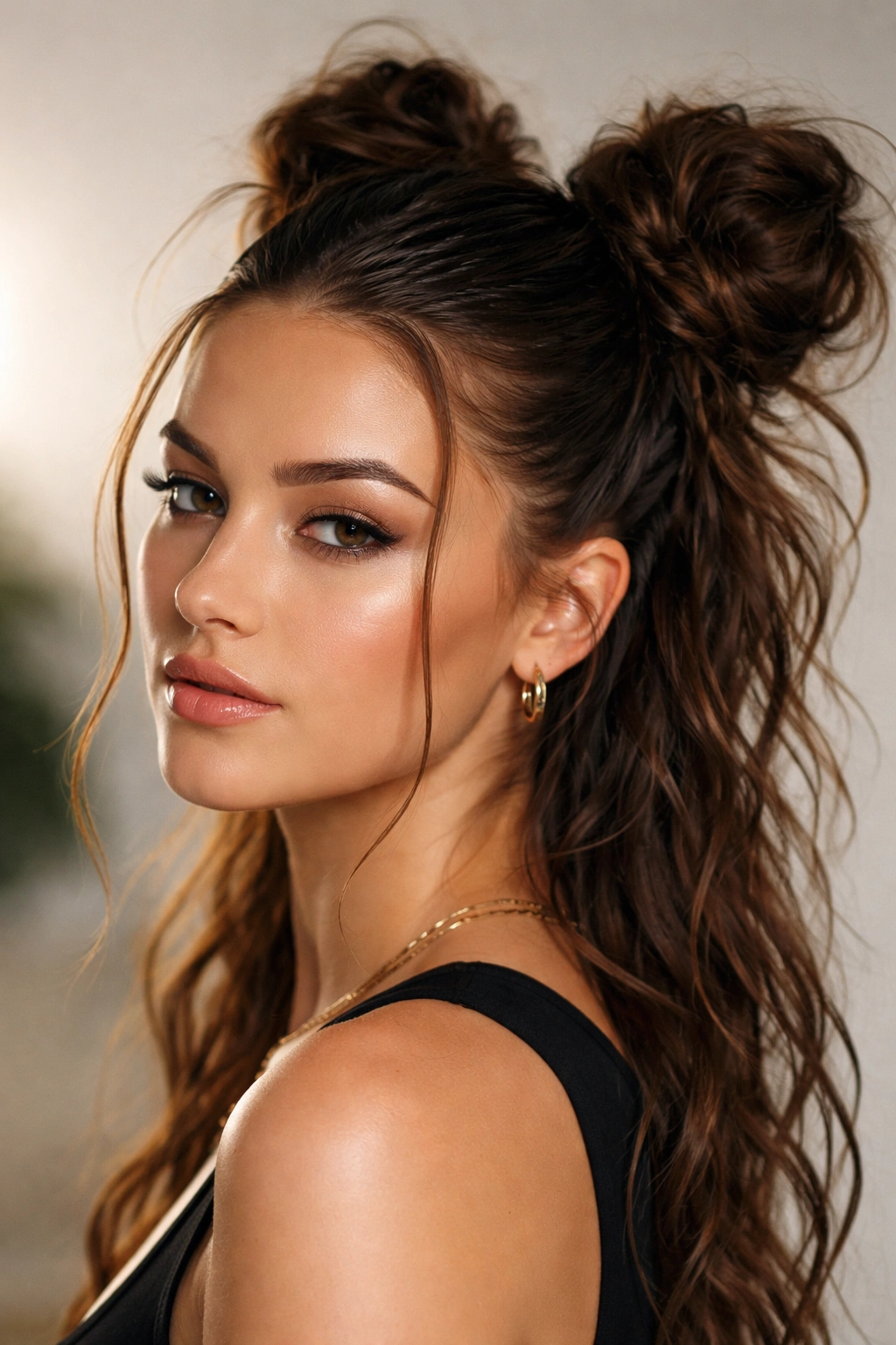 Slicked-front, messy-back space buns with glossy front hair