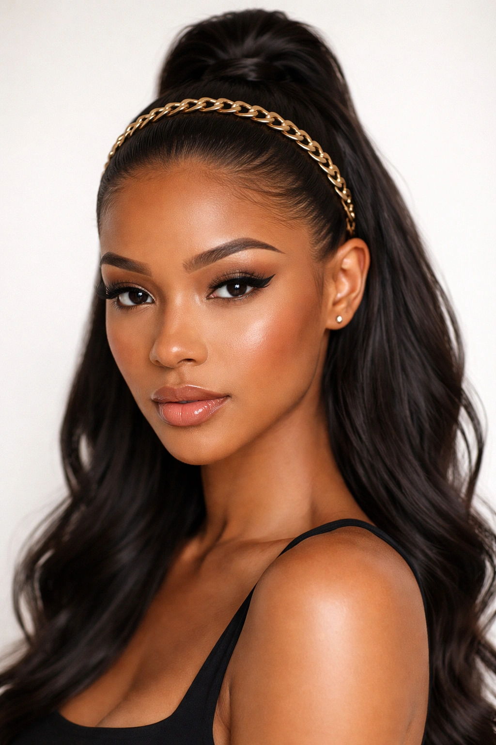 Wig with a slicked-back half bun and chain headband