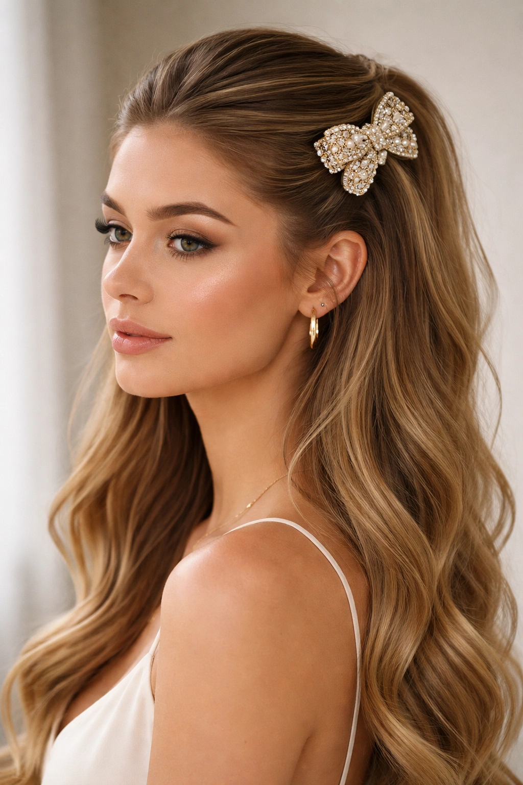 Hair in a slicked half-up style secured with a large decorative clip