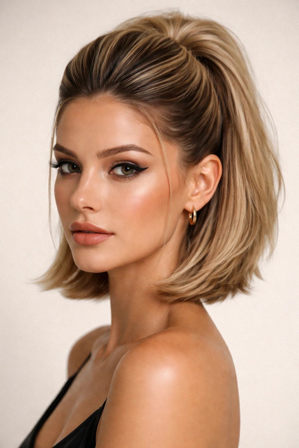 Close-up of a short wig with slicked-back front and sides forming a geometric crown line