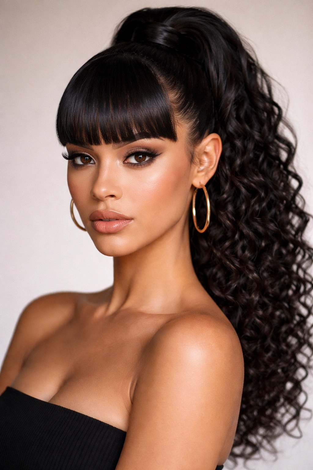 Front view of a curly-haired person with a slicked-back high pony and blunt bangs