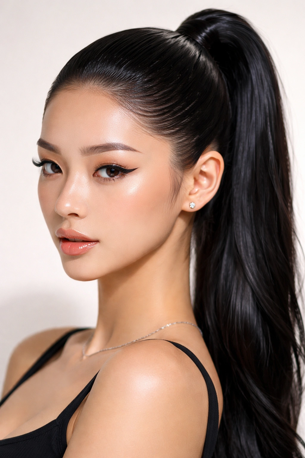 Slicked-back gel high ponytail with sculpted shine.