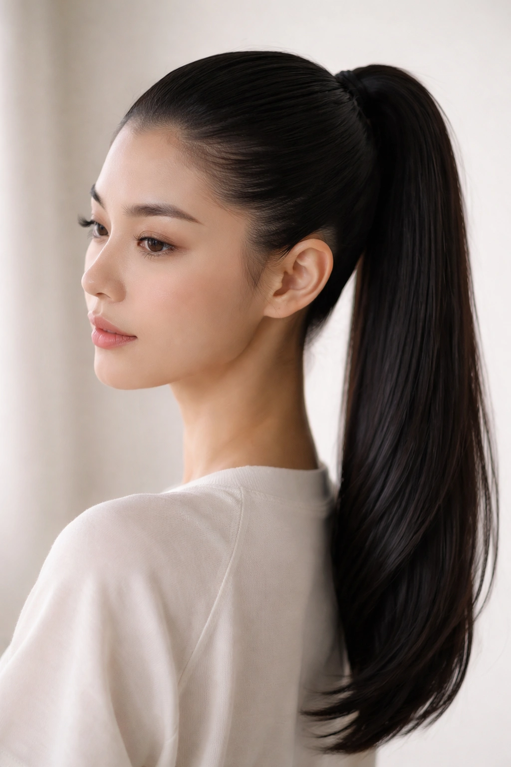 Slicked-back high ponytail with crown alignment and smooth scalp