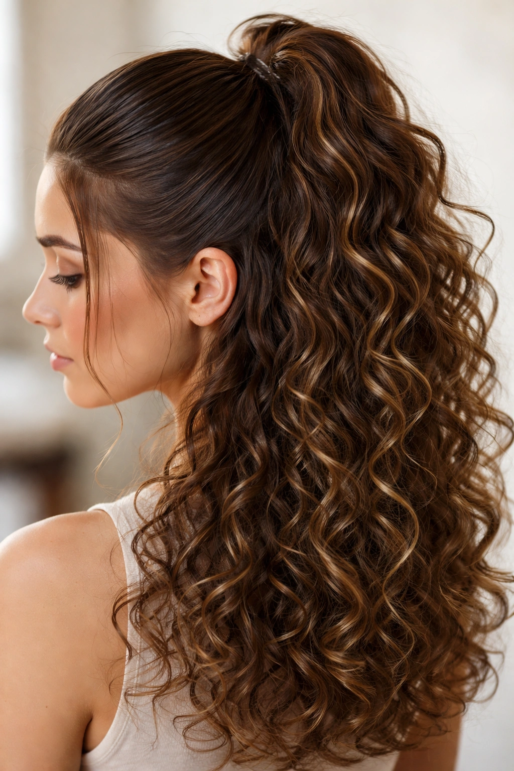 Slicked top half-up contrasting with curly hair below
