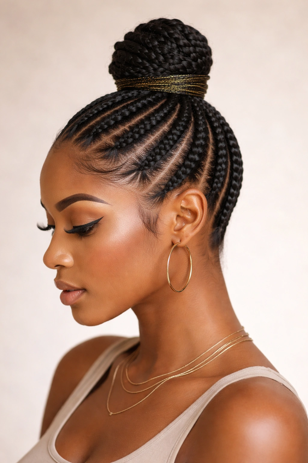 Straight-back cornrows with a slicked-down topknot on crown