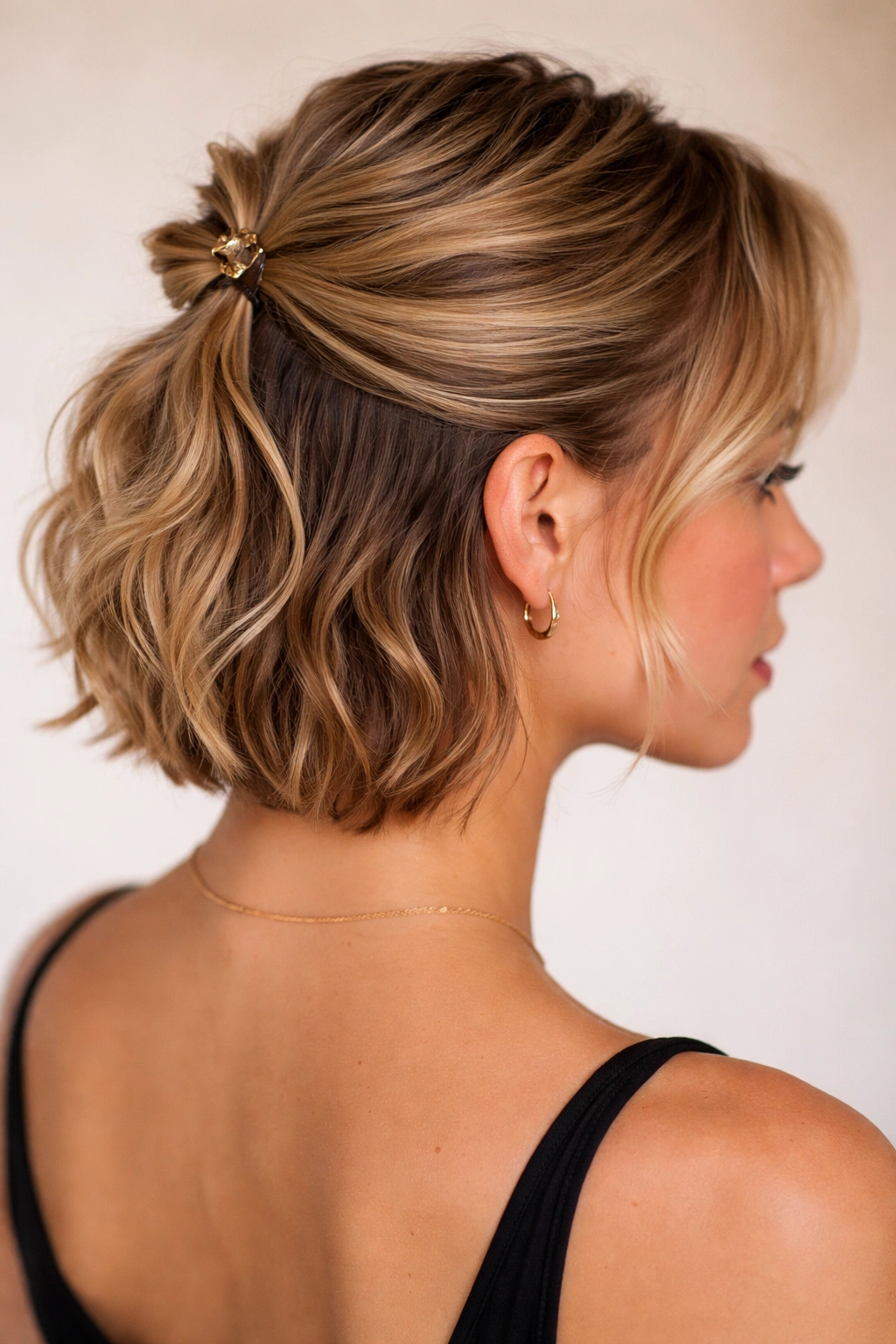 Close-up of short wavy hair with slicked underside and loose half-up top