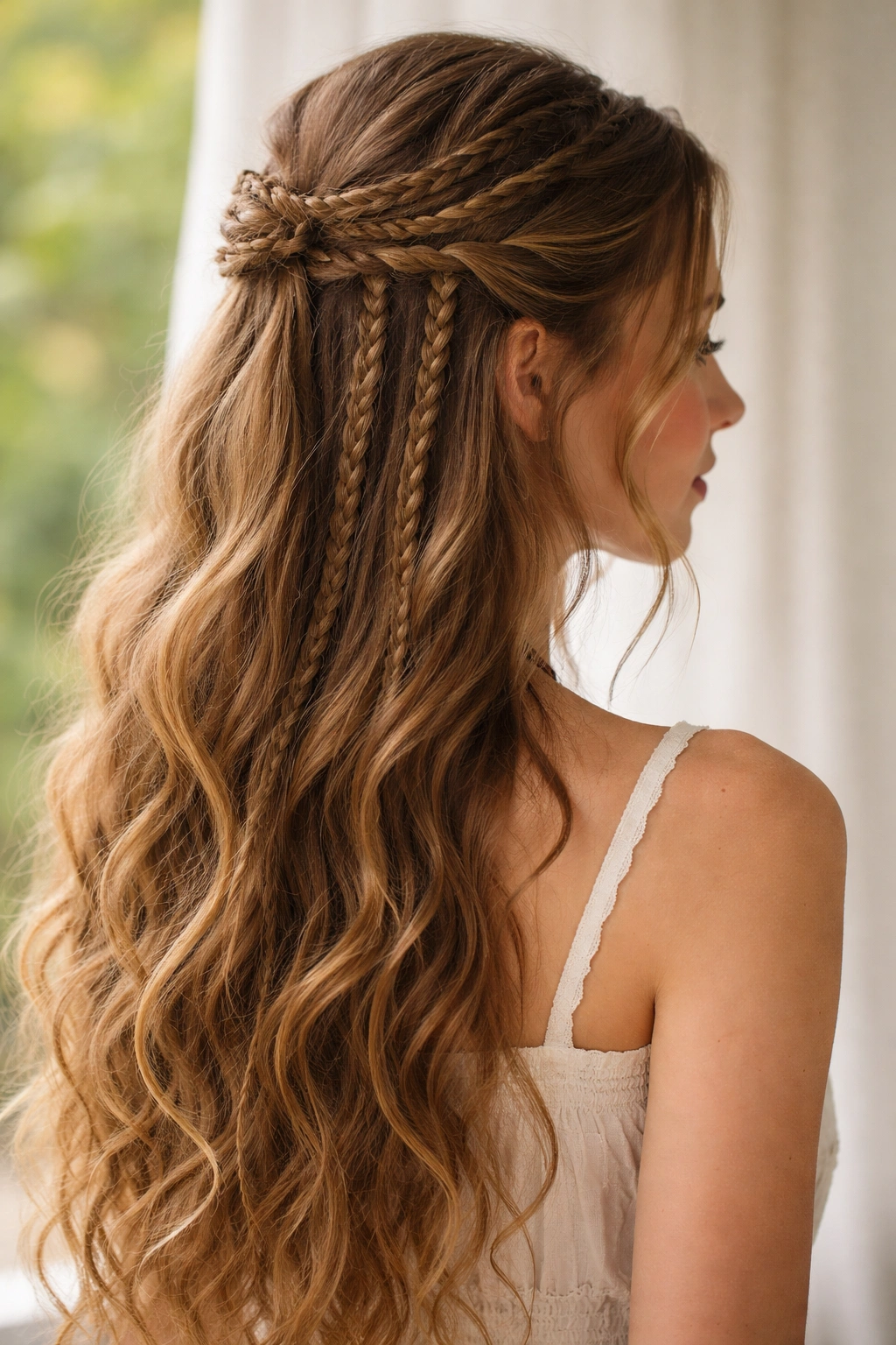 Close-up of multiple small braids forming a half-up style with flowing waves